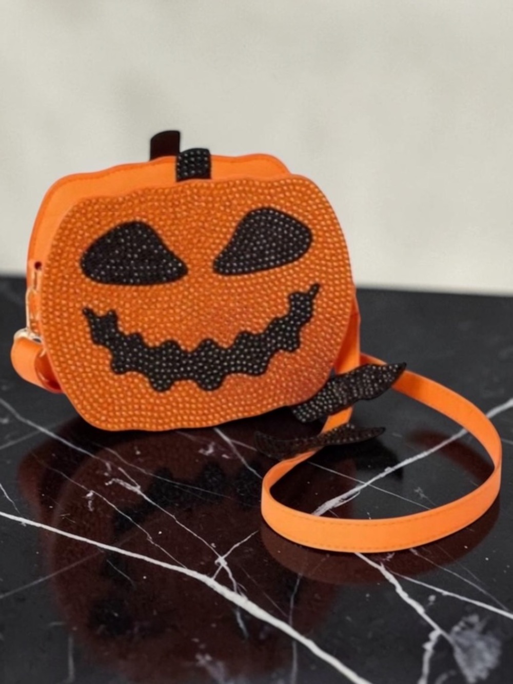 Rhinestone Halloween Orange & Black Pumpkin Jack-o’-lantern Purse Crossbody Bag